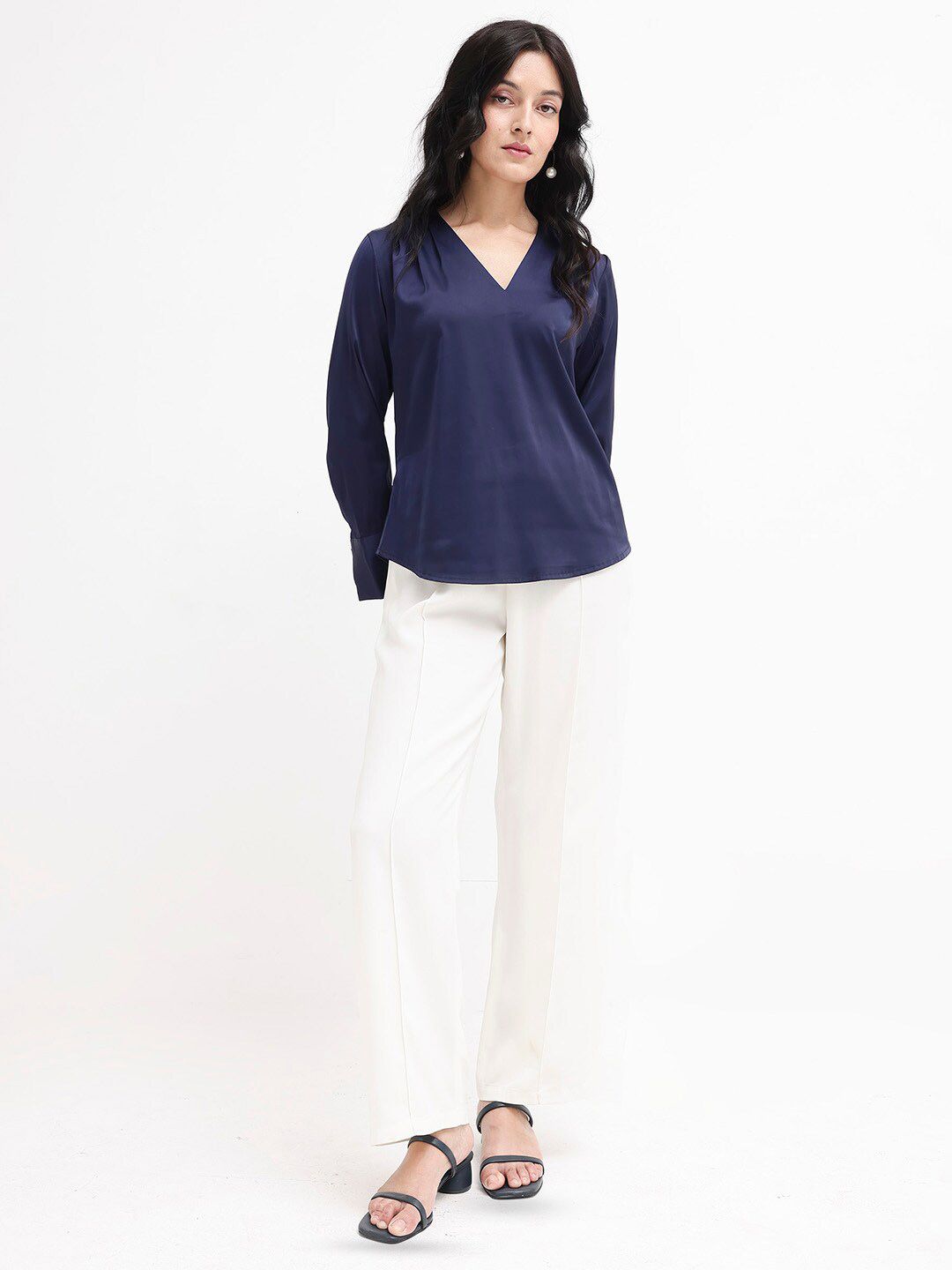 RAREISM V Neck Long Cuffed Sleeves Styled Back Top