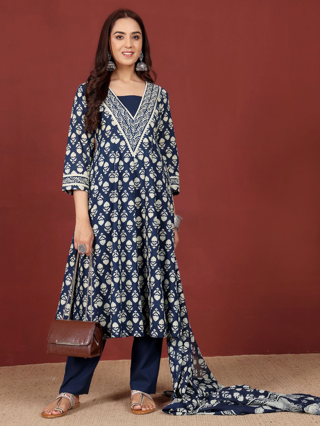 Varanga Floral Printed V-Neck Gotta Patti Pure Cotton A-Line Kurta With Trousers & Dupatta