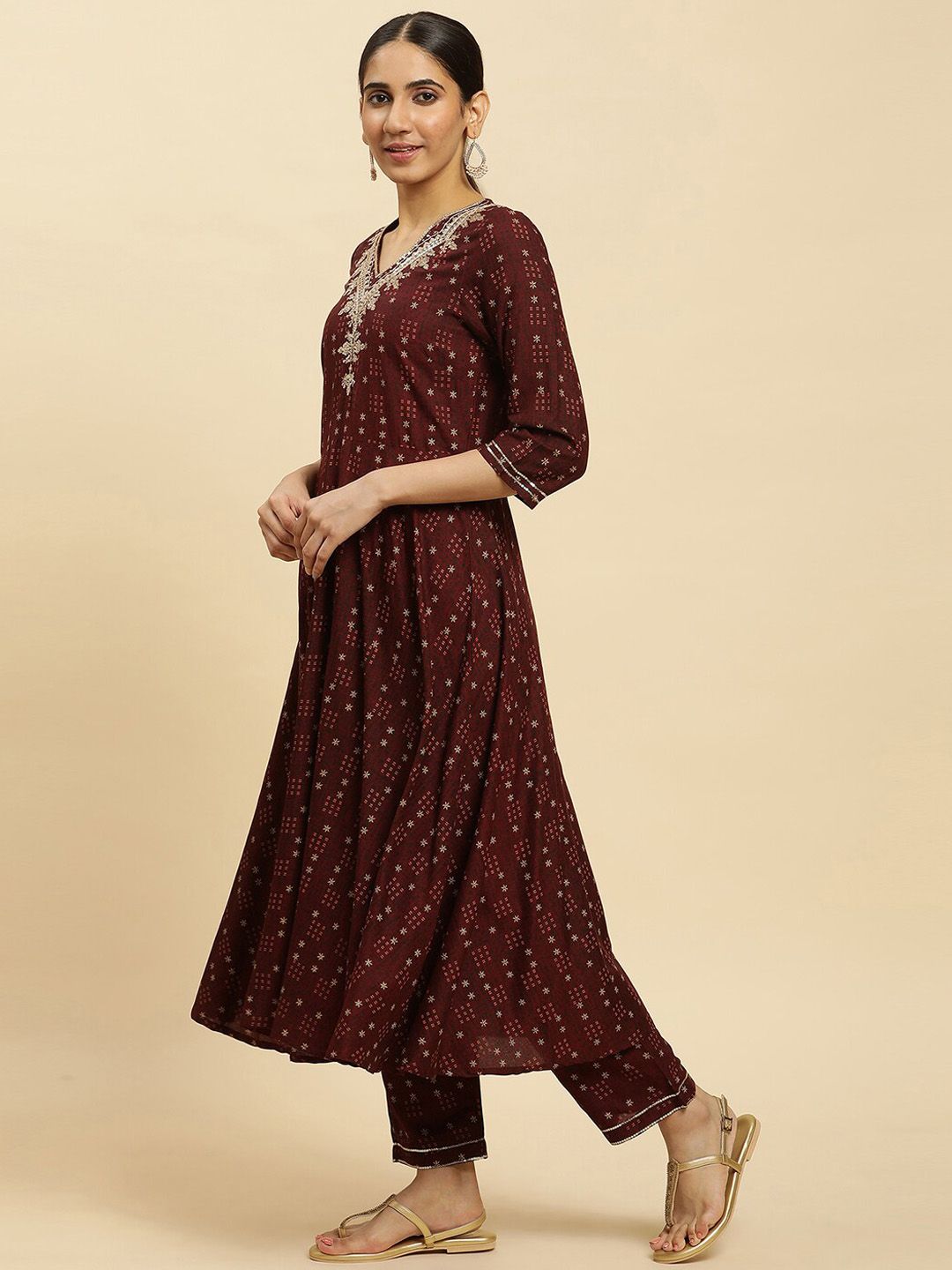 W Brown Ethnic Motifs Printed Thread Work Detailed A-Line Kurta & Trousers With Dupatta