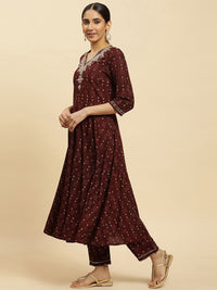 W Brown Ethnic Motifs Printed Thread Work Detailed A-Line Kurta & Trousers With Dupatta
