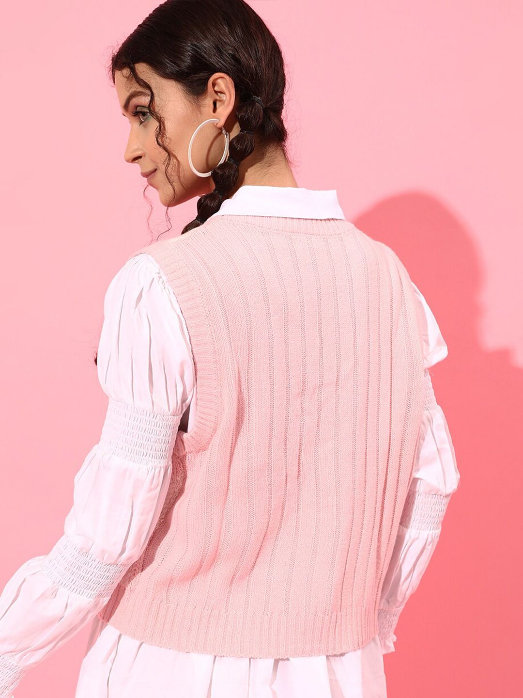 STREET 9 Women Pink & White Checked Acrylic Sweater Vest