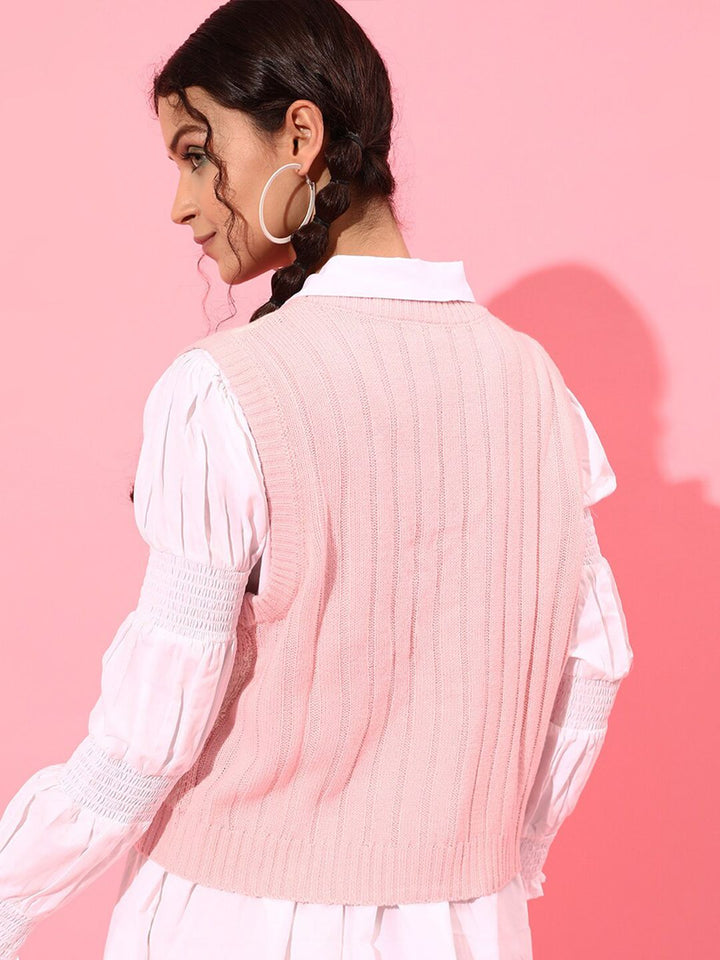 STREET 9 Women Pink & White Checked Acrylic Sweater Vest