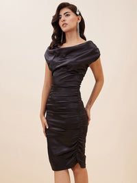 Antheaa Cowl Neck Extended Sleeves Gathered Satin Sheath Dress