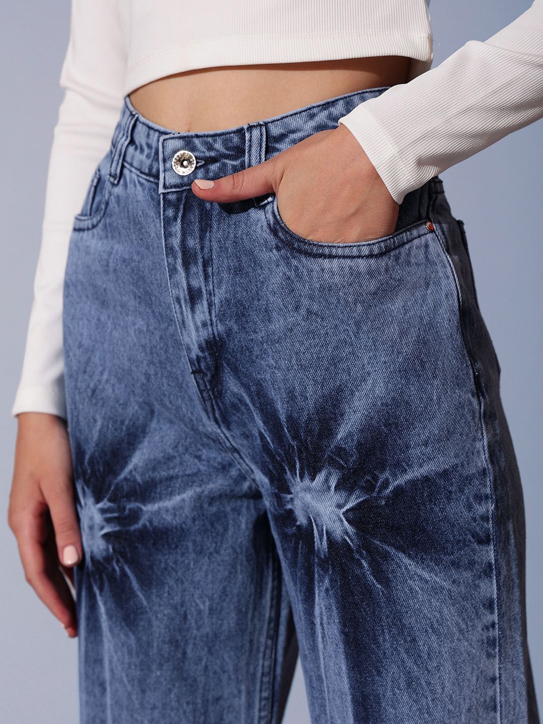 STREET 9 Women Comfort Wide Leg Pure Cotton High-Rise Heavy Fade Jeans