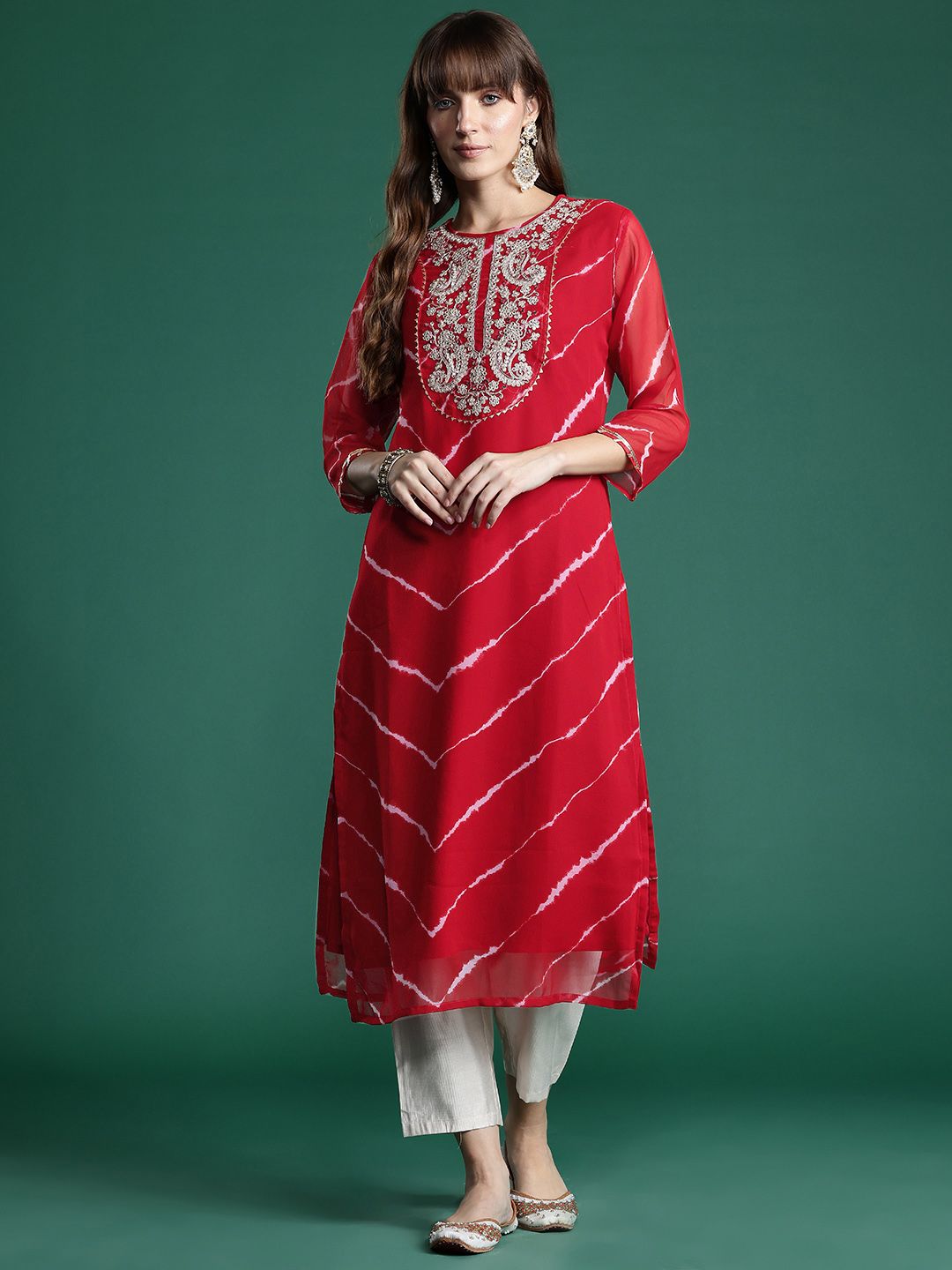 Indo Era Leheriya Print Zari & Mirror Embroidered Straight Georgette Kurta