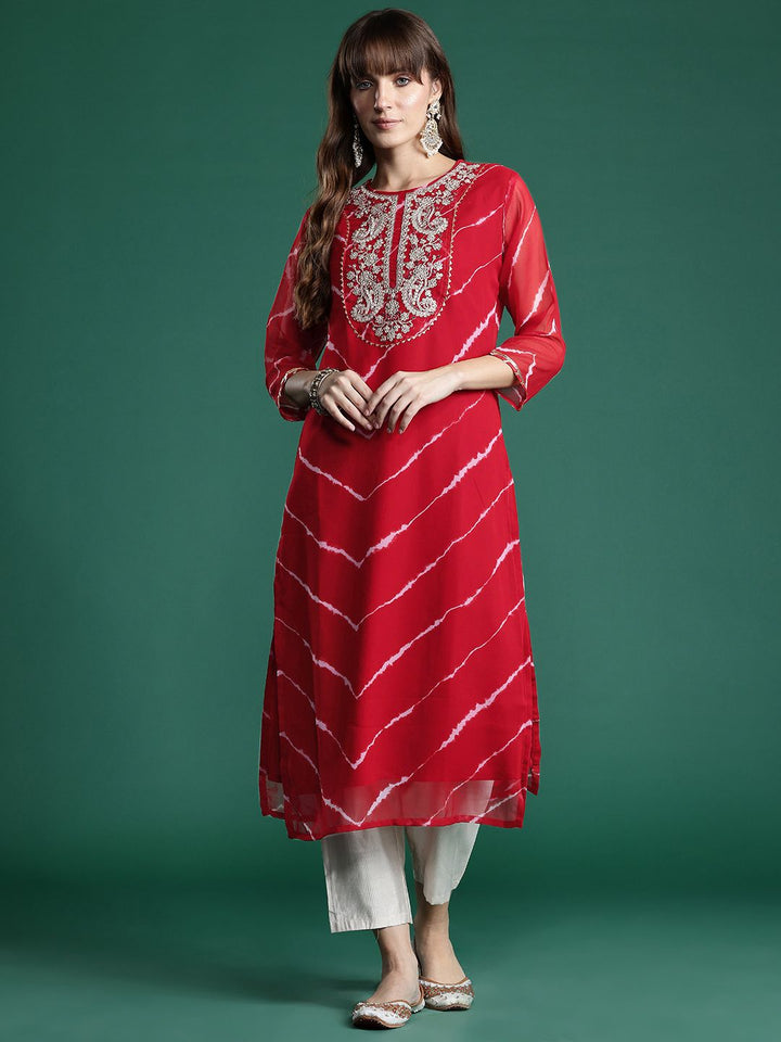 Indo Era Leheriya Print Zari & Mirror Embroidered Straight Georgette Kurta