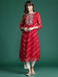 Indo Era Leheriya Print Zari & Mirror Embroidered Straight Georgette Kurta