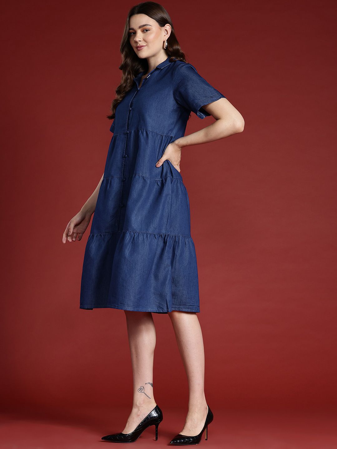 all about you Chambray A-Line Tiered Midi Dress