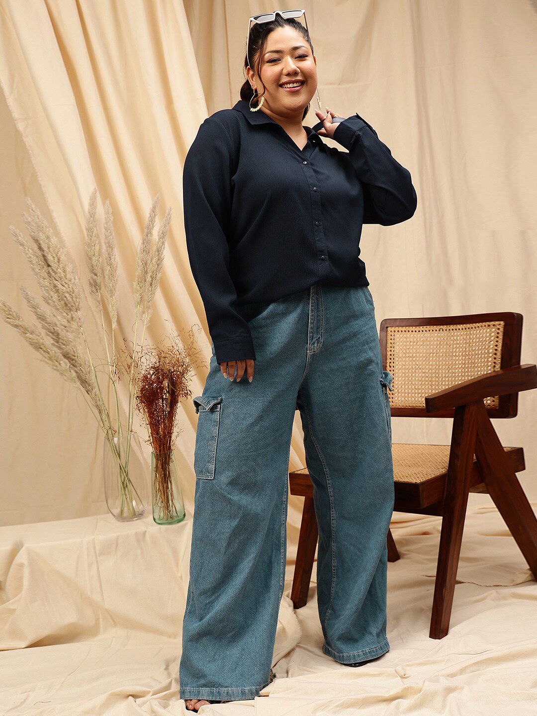 CURVY STREET Plus Size Spread Collar Comfort Opaque Casual Shirt