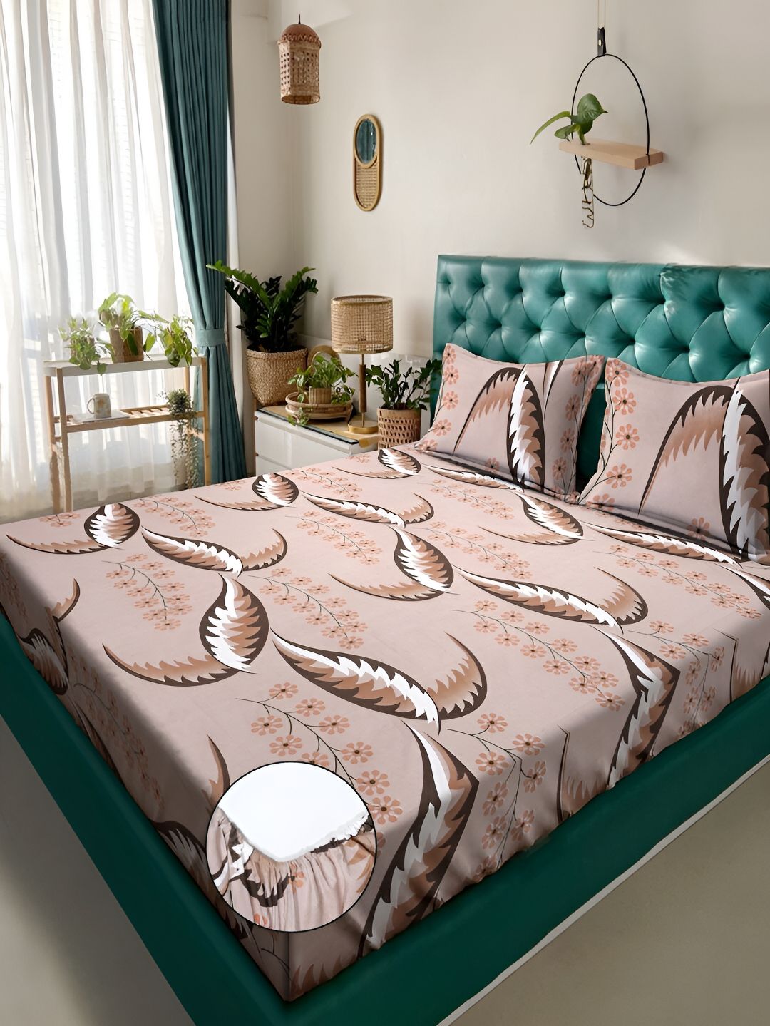 KLOTTHE Brown Floral Polycotton 300 TC Fitted King Fine Bedsheet with 2 Pillow Covers-98 x 89 inches
