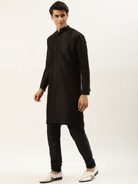 SOJANYA Men Black Kurta with Churidar & Nehru Jacket