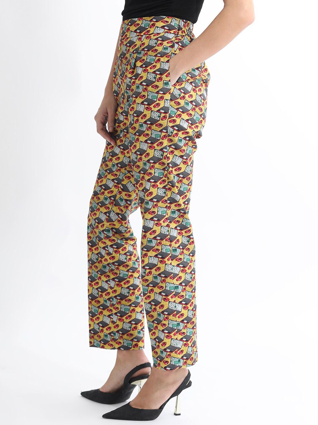RAREISM Women Slim Fit Conversational Printed High-Rise Cotton Regular Trousers