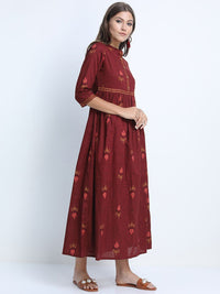Vishudh Women Maroon Ethnic Motifs Ethnic Cotton Maxi Dress
