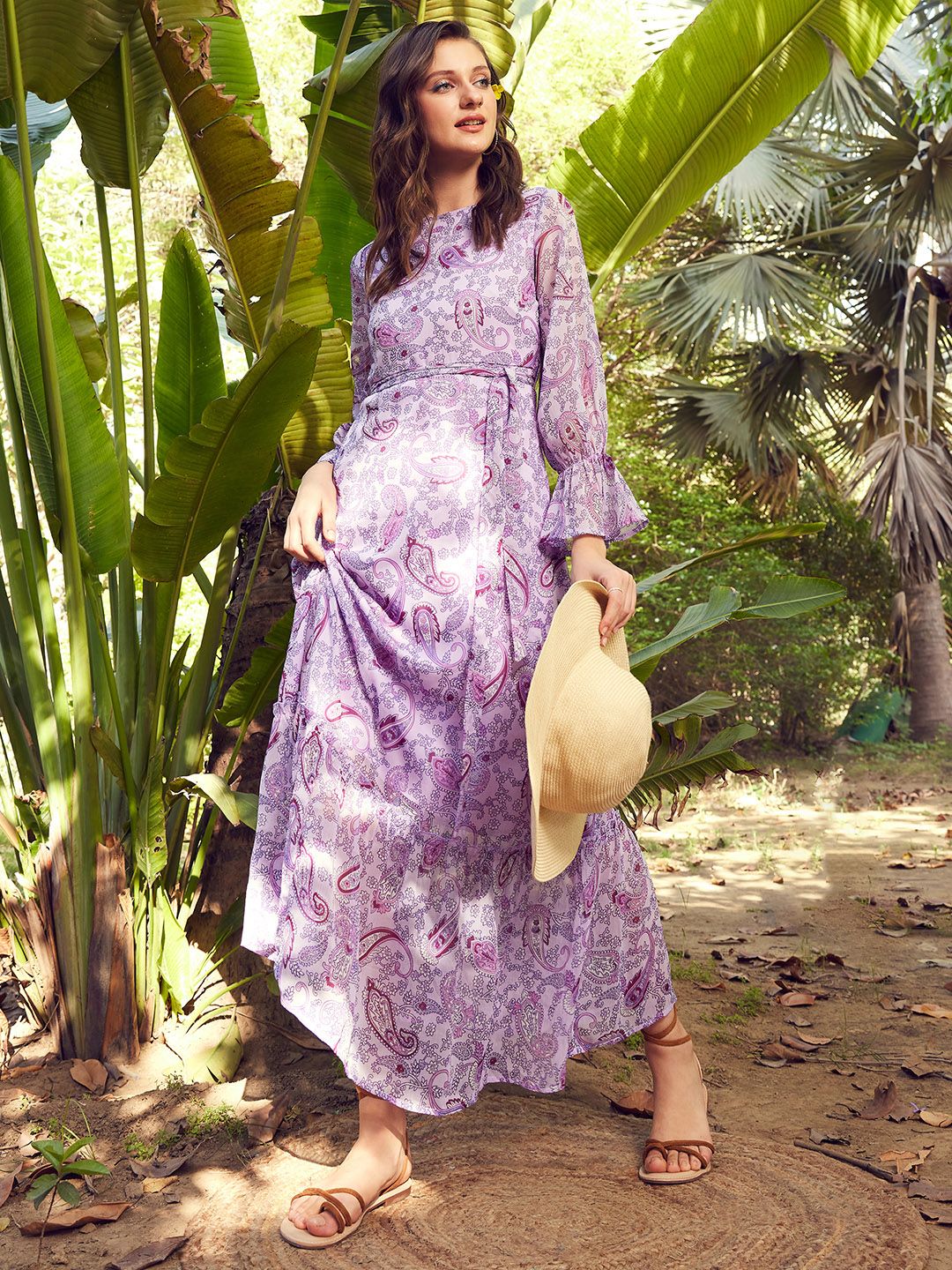 STREET 9 Lavender Floral Printed Puff Sleeves Tiered Maxi Dress With Belt