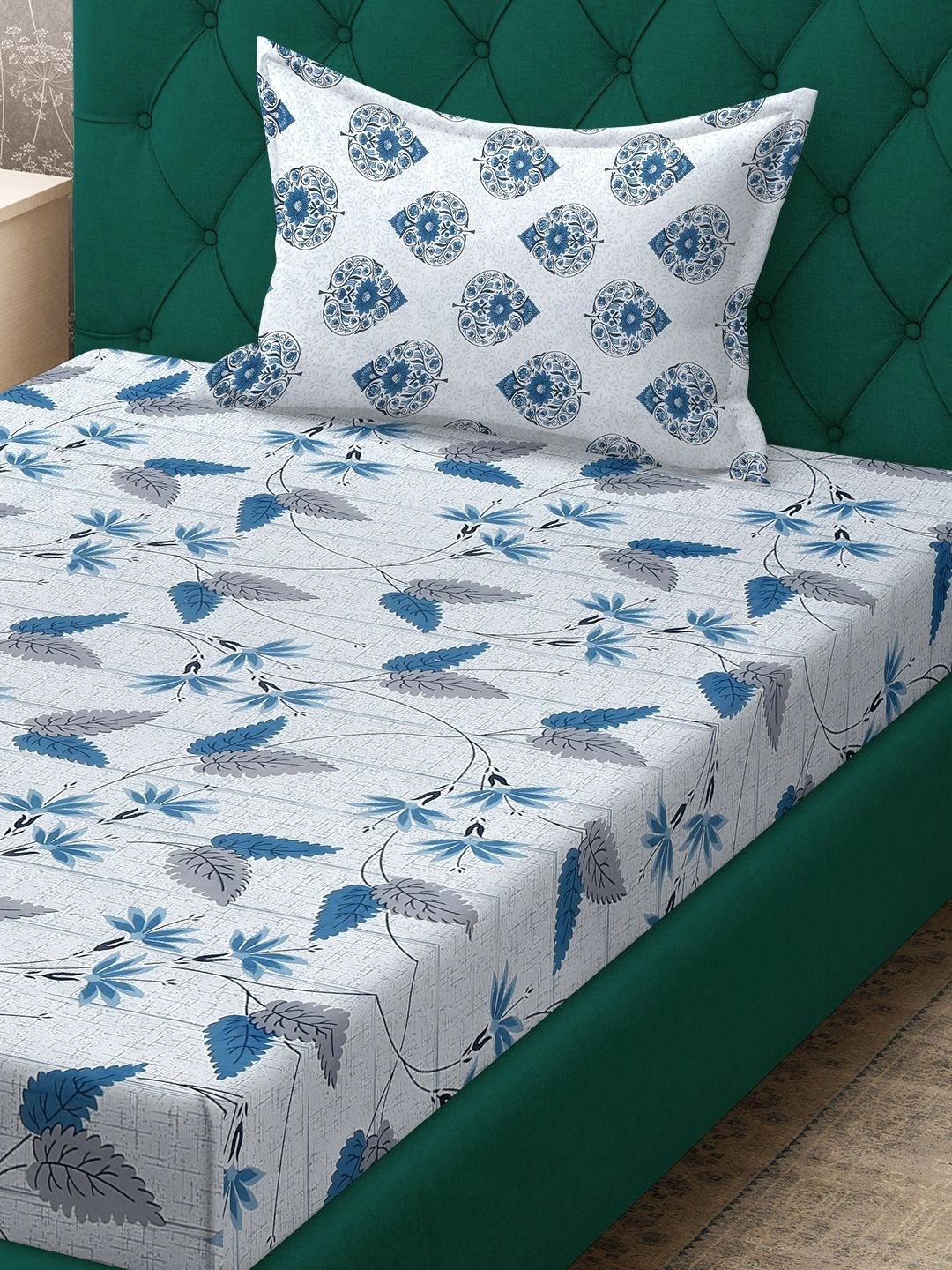 Moda Rapido X KLOTTHE Biru & Kelabu Bunga 400 TC Cadar Bujang dengan 1 Sarung Bantal