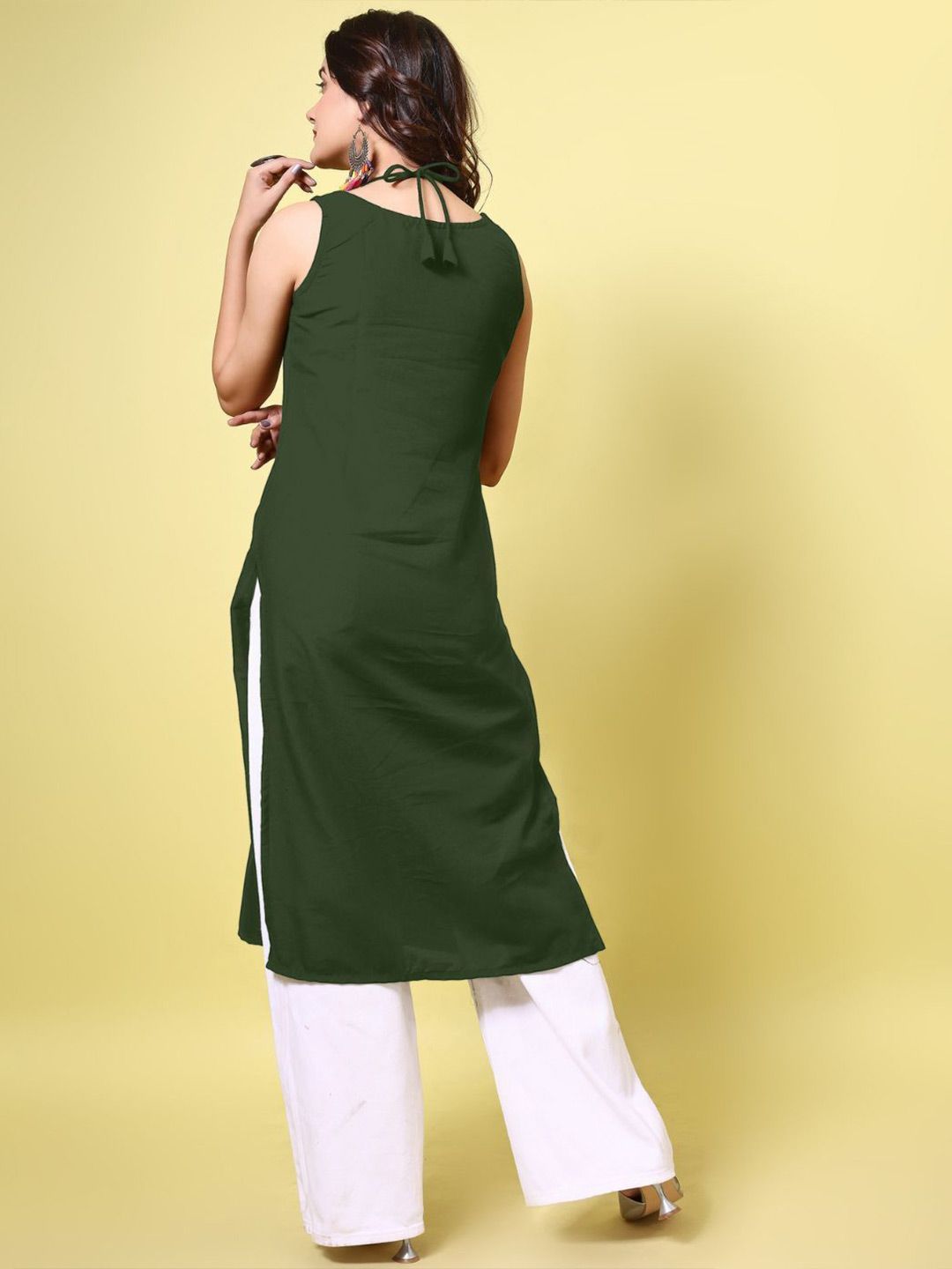 KALINI Women Cotton Blend Embroidered High Neck Straight Kurta