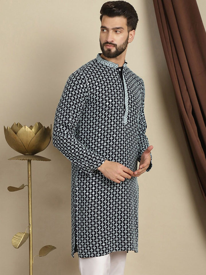 Anouk Geometrik Benang Sulam Kerja Kapas Kurta Lurus
