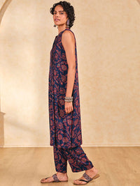 Global Desi Floral Printed Sequinned Mandarin Collar Sleeveless A-Line Kurta With Palazzo