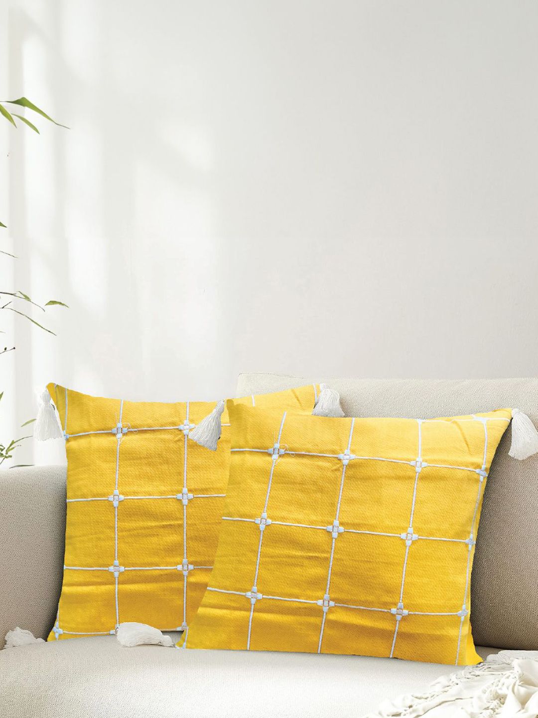 URBAN SPACE Yellow & White 2 Pieces Embroidered Pure Cotton Square Cushion Covers