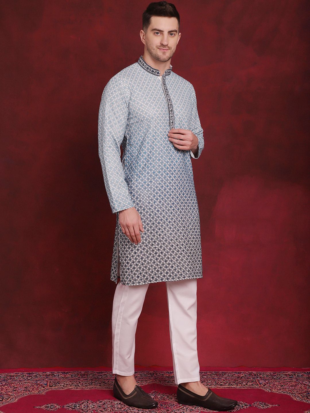 Jompers Geometric Embroidered Mandarin Collar Sequinned Kurta With Pyjamas