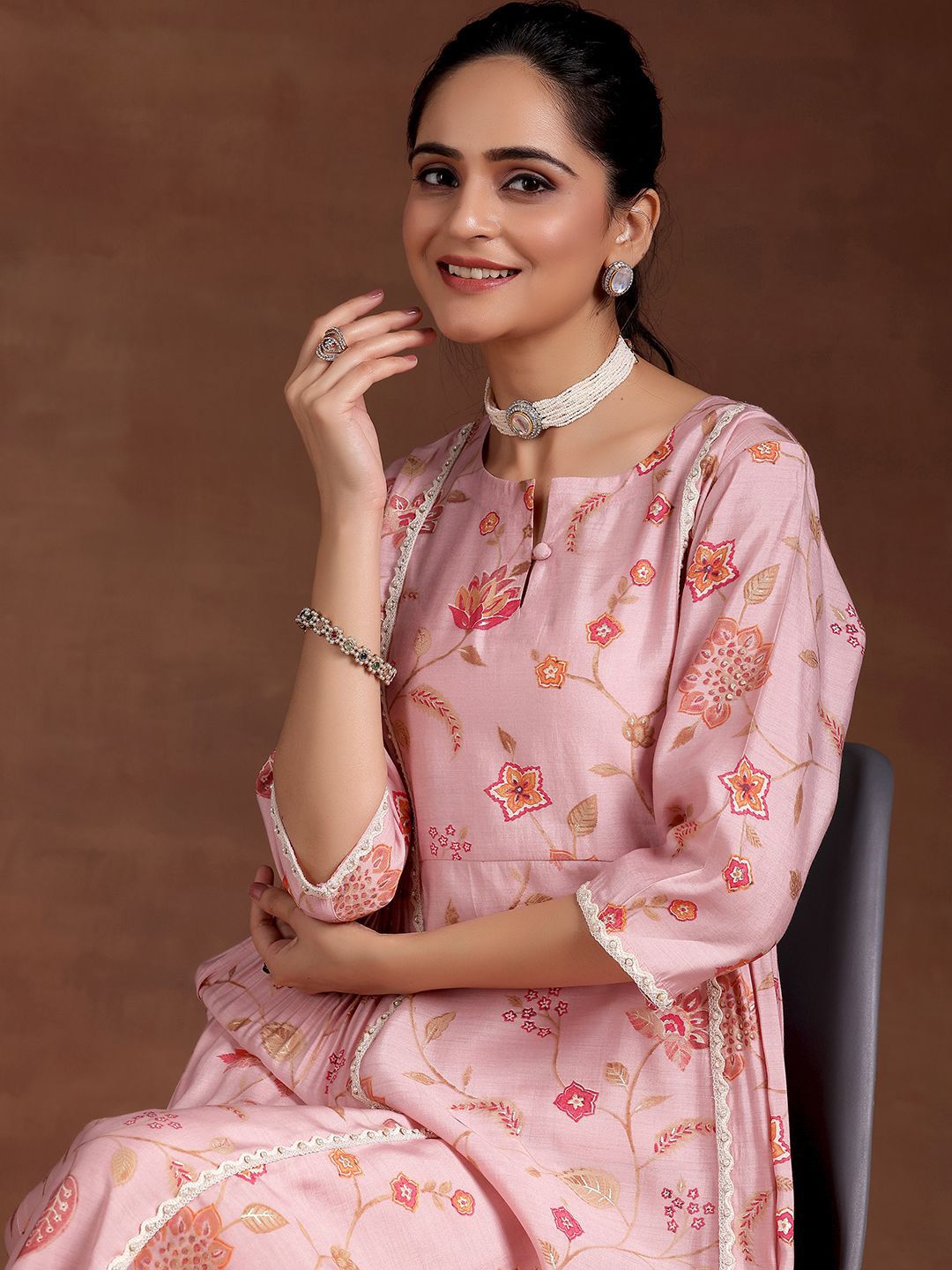 Libas Women Floral Printed Pleated Beads and Stones Kurta with Trousers