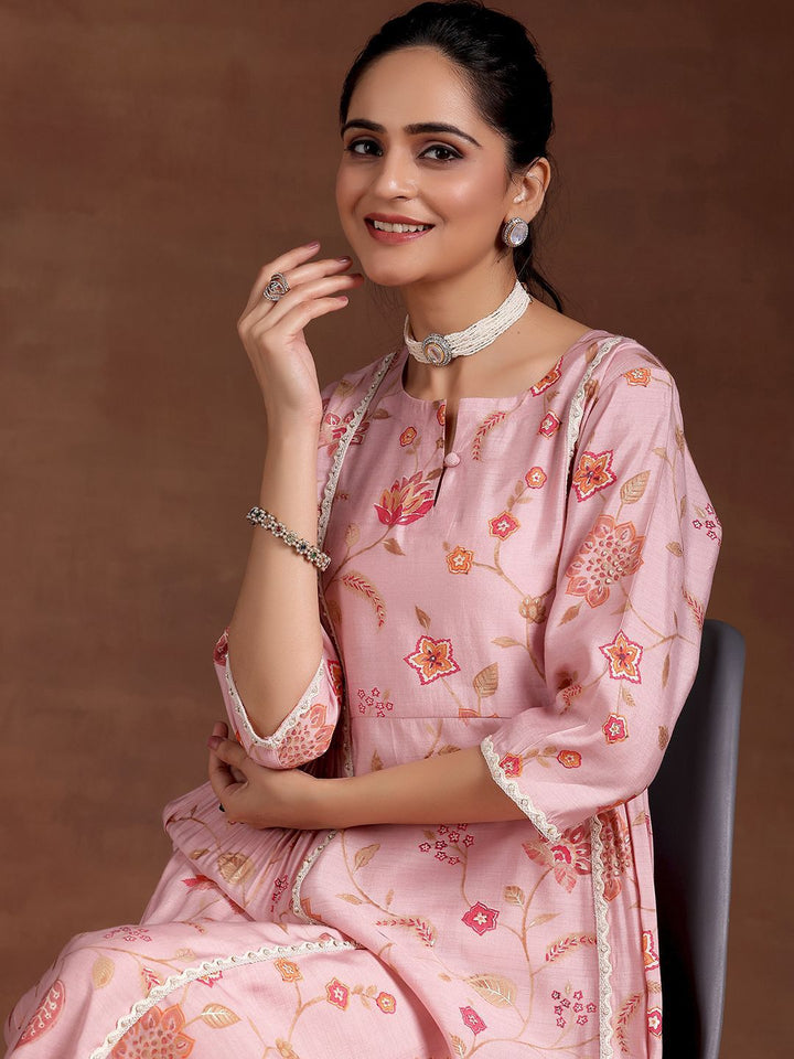 Libas Women Floral Printed Pleated Beads and Stones Kurta with Trousers