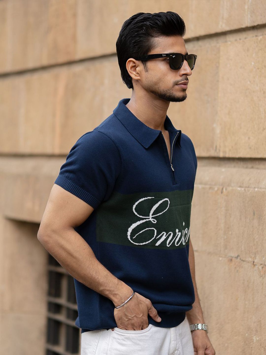 Powerlook SS25 Typography Printed Knitted Polo Collar Pure Cotton T-Shirt