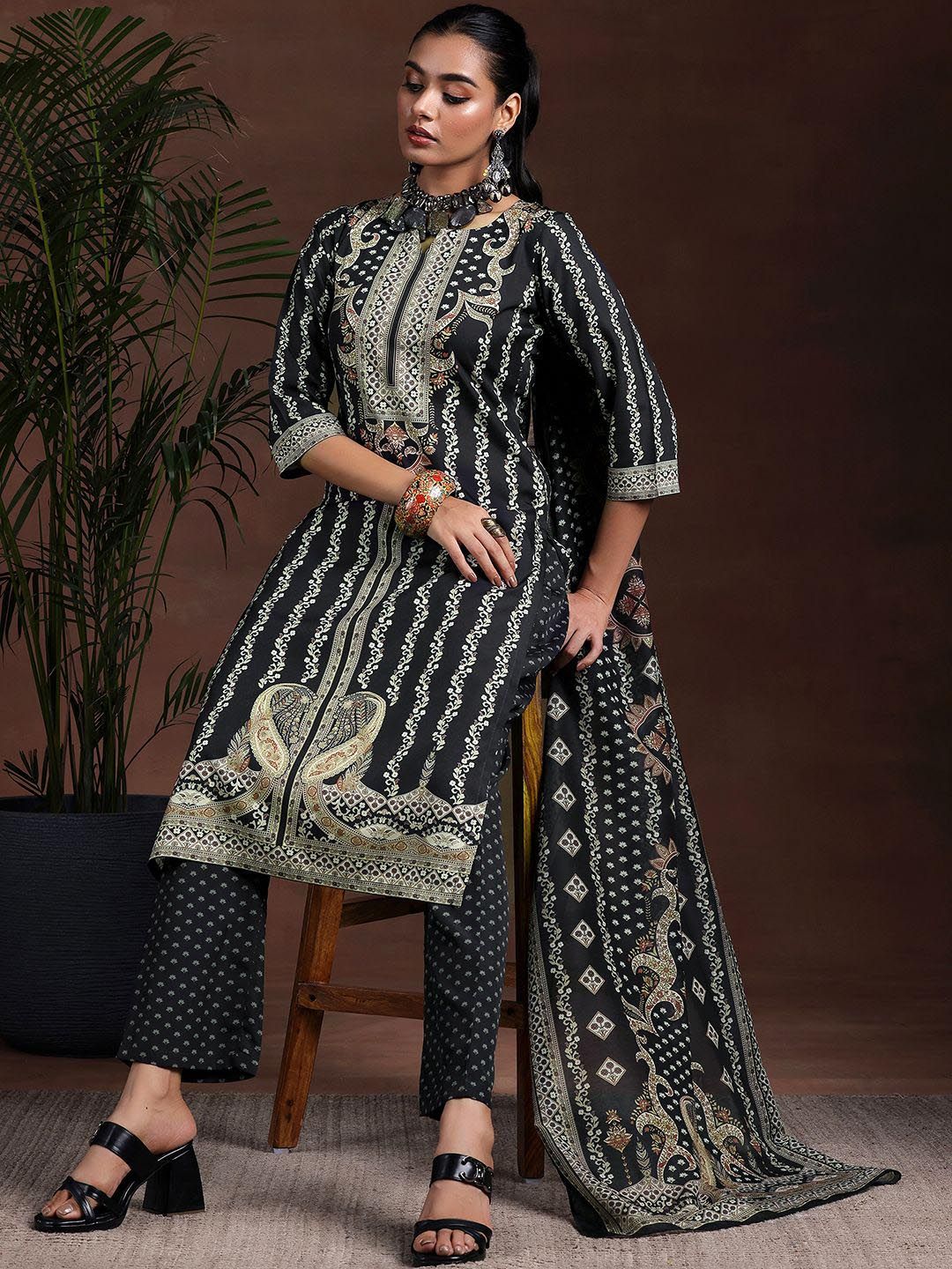 Libas Floral Printed Notched Neck Straight Kurta With Trousers & Dupatta