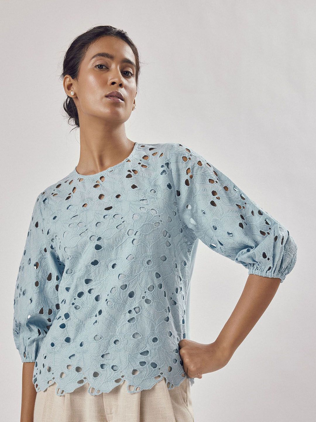 The Label Life Floral Print Puff Sleeve Pure Cotton Top