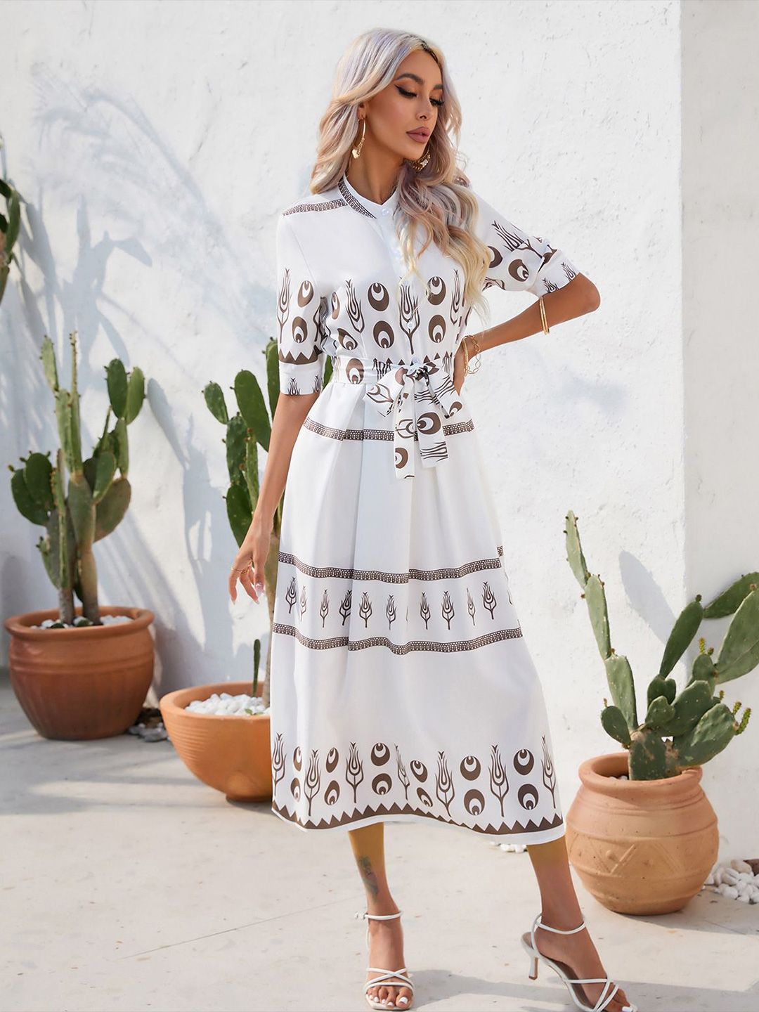 all about you Women Ethnic Print  Mandarin Collar A-Line Midi Dress