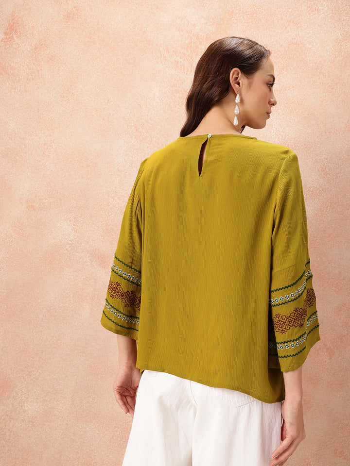 all about you Embroidered Flared Sleeve Crinkle Top