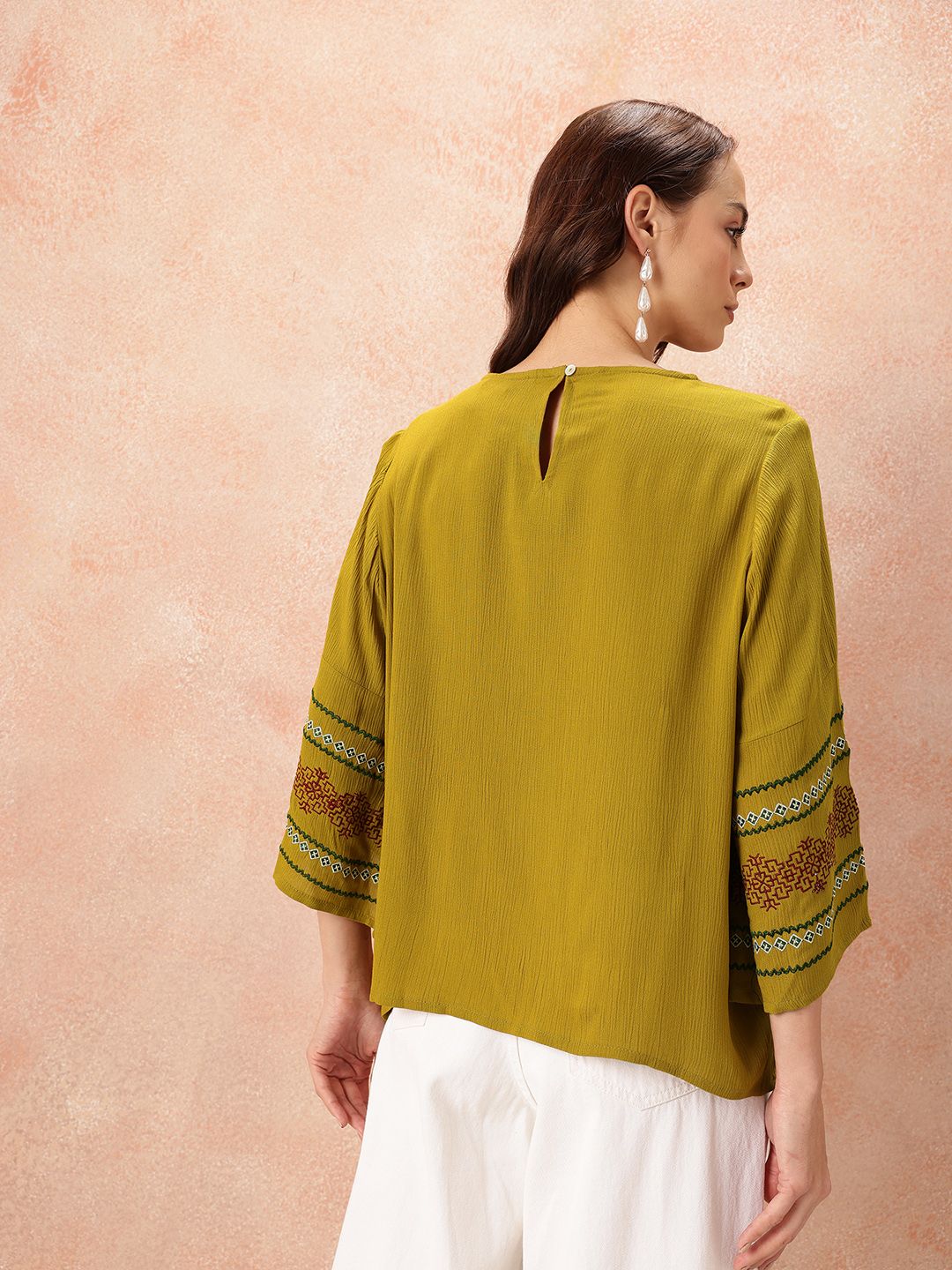 all about you Embroidered Flared Sleeve Crinkle Top