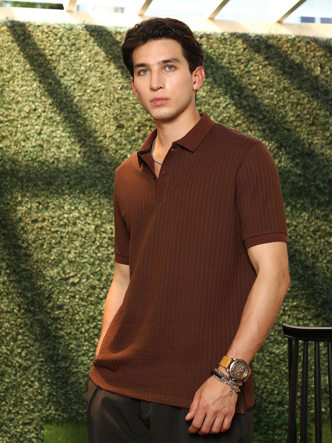 Campus Sutra Men Self Design Polo Collar Cotton T-shirt