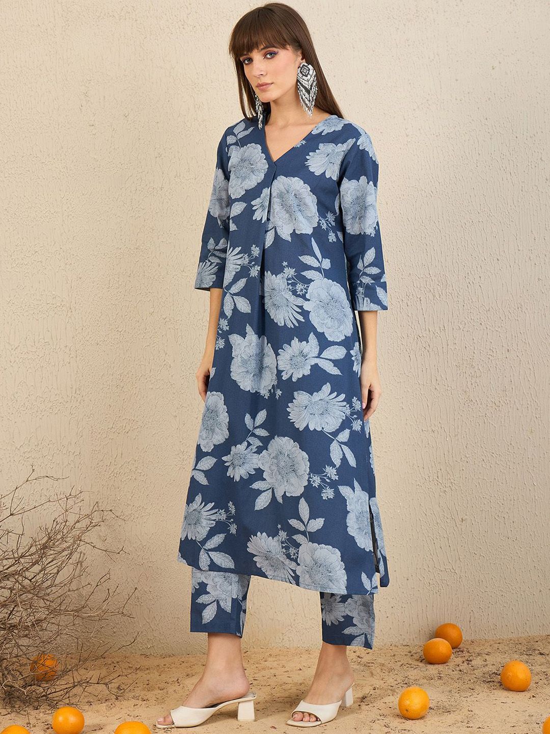 Indo Era Floral Printed Pleated V Neck Straight Kurta With Trousers