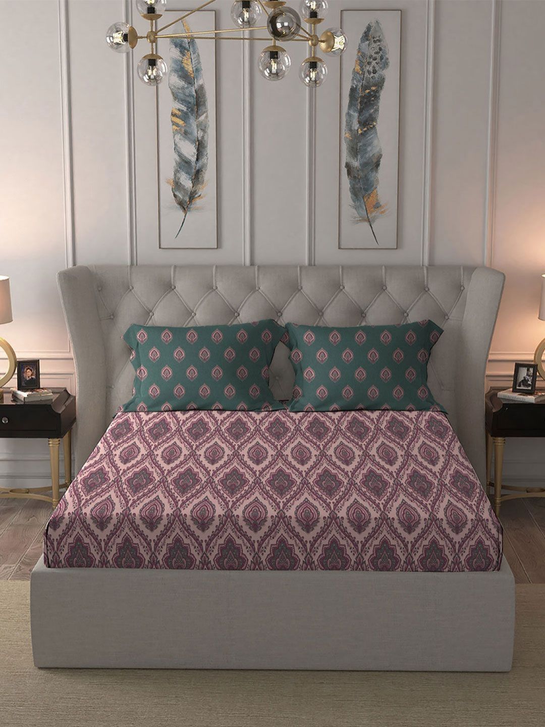 MYTRIDENT Celebration Pink Floral Printed Cotton 144 TC Queen Bedsheet Set