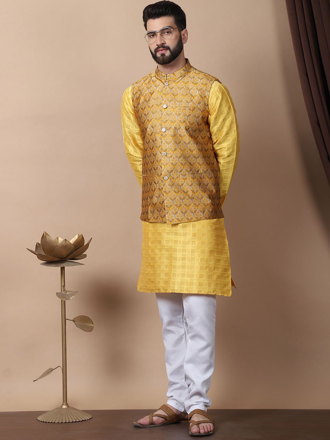 Anouk Yellow Geometric Printed Mandarin Collar Kurta with Churidar & Nehru Jacket