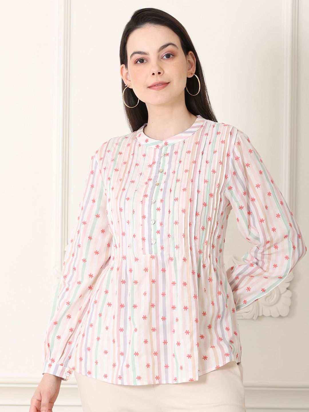 W Floral Print Puff Sleeve Cotton Top