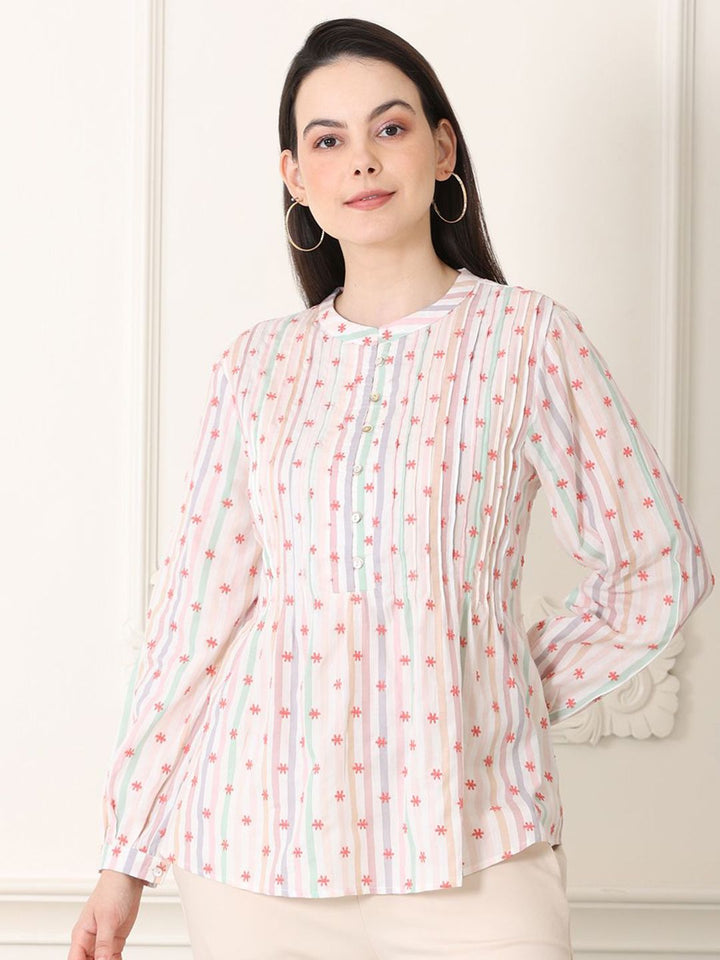 W Floral Print Puff Sleeve Cotton Top