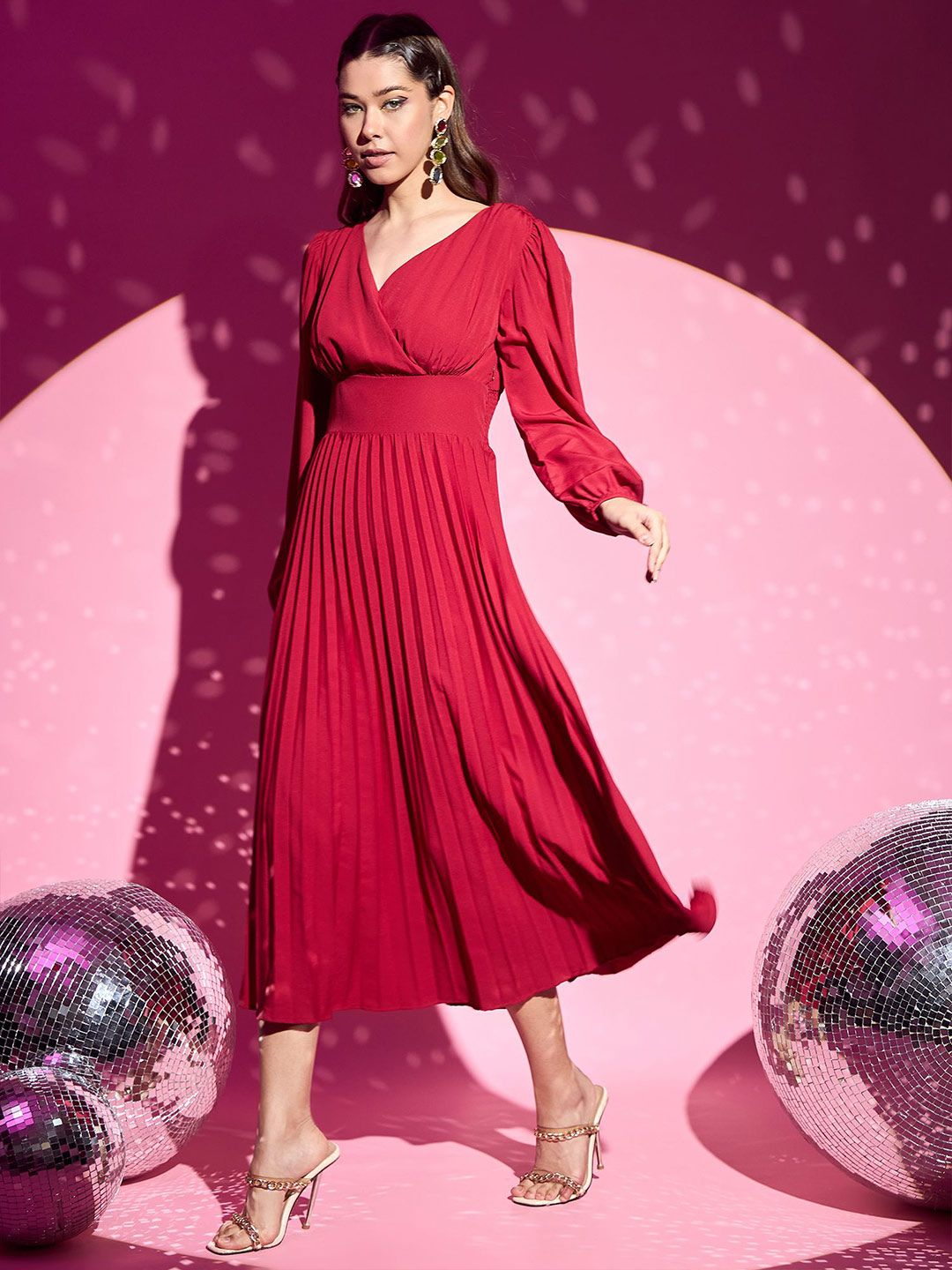 Berrylush Women Puff Sleeve A-Line Midi Dress