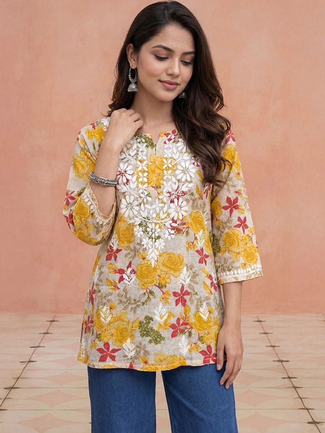 Rumah Wanita Chikankari Floral Printed Chikankari Floral Kurta