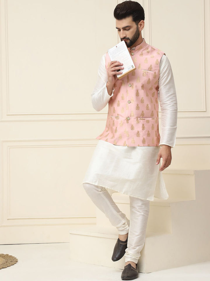 SOJANYA Mandarin Collar Silk Cotton Straight Kurta dengan jaket Churidar & Nehru