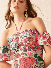 STREET 9 Floral Print Off-Shoulder Crepe A-Line Midi Dress