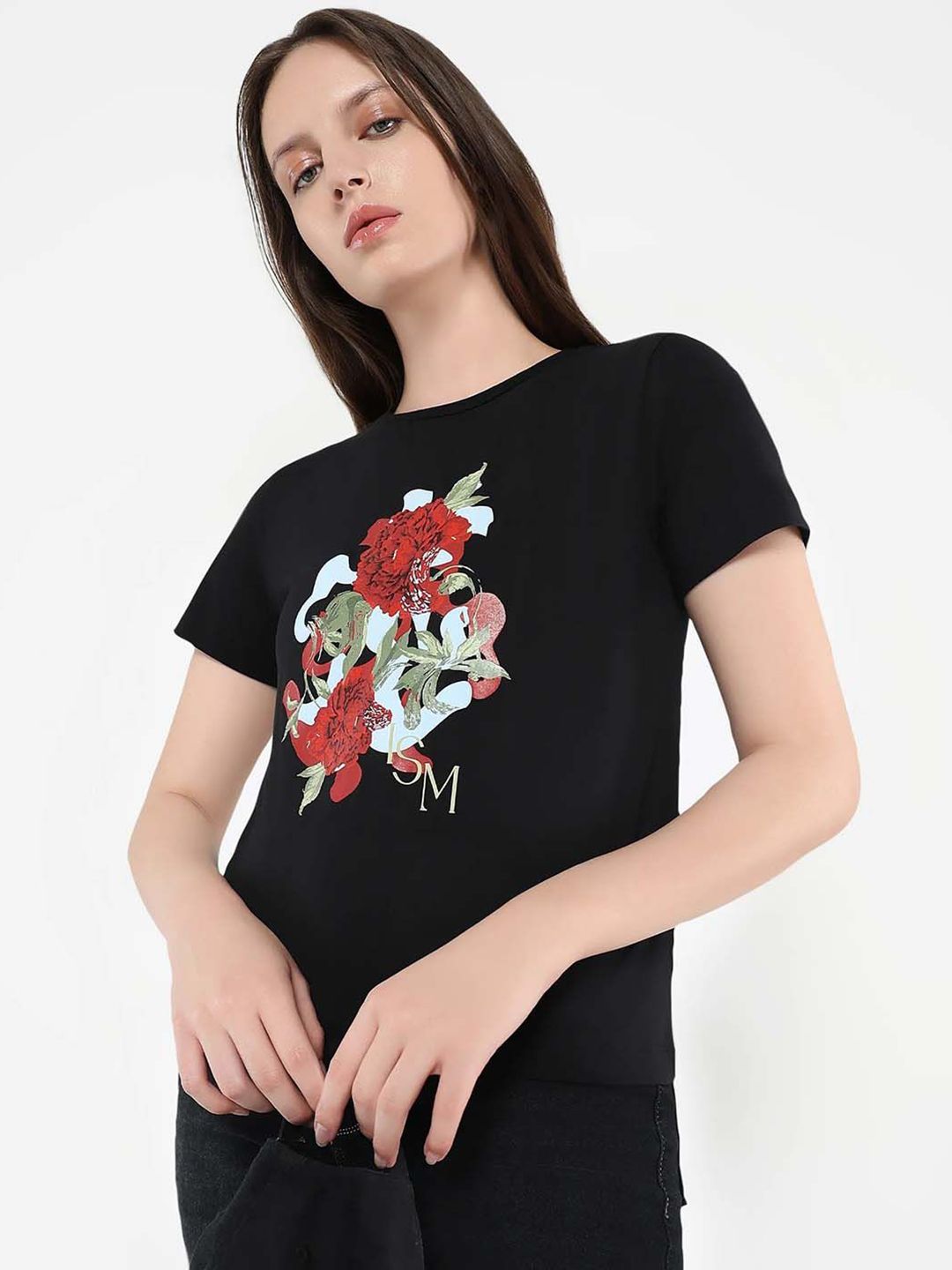 Rareism Wanita Grafik T-Shirt Leher Pusingan Dicetak