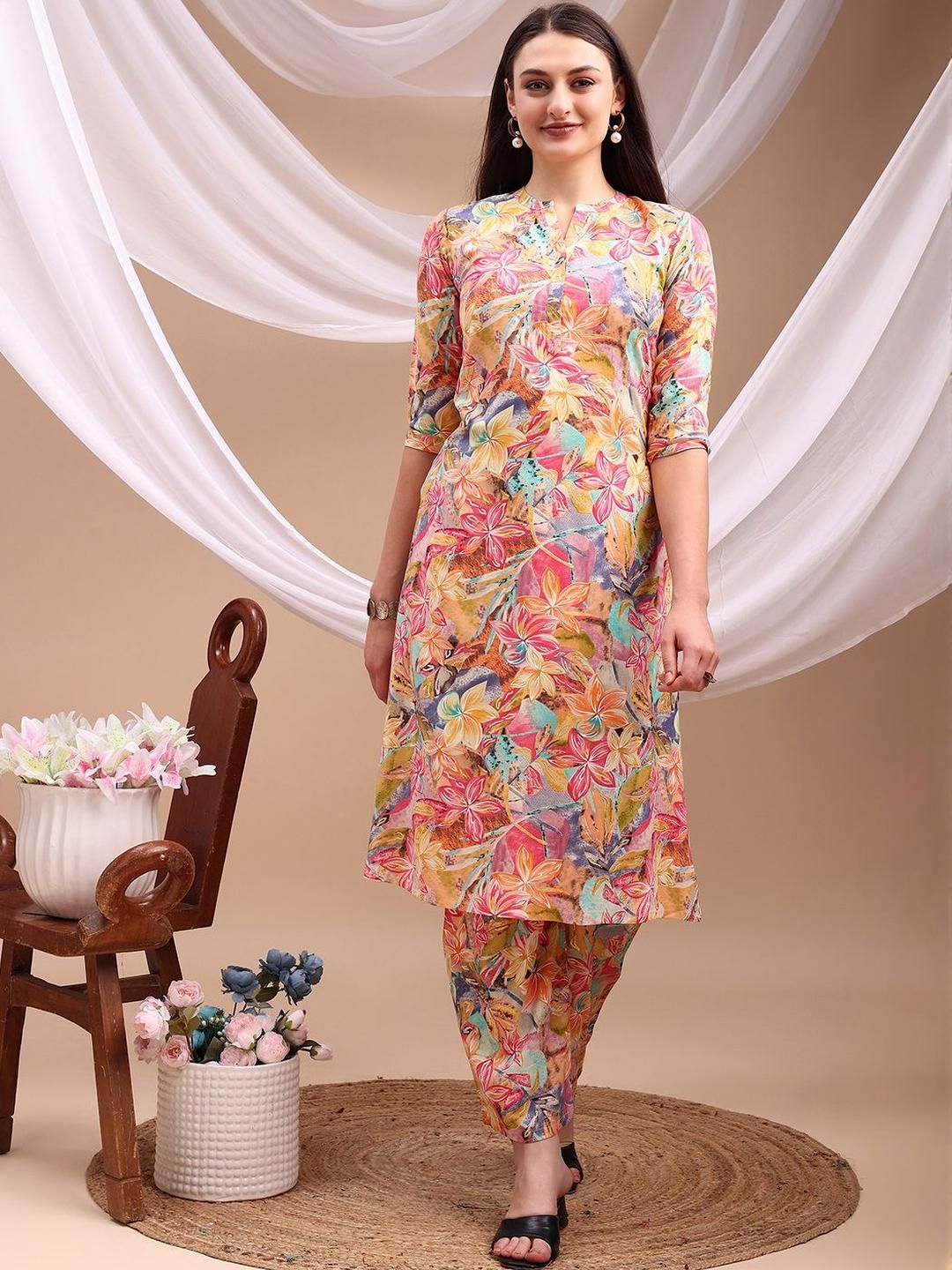 KALINI Women Pink Viscose Rayon Kurta Sets