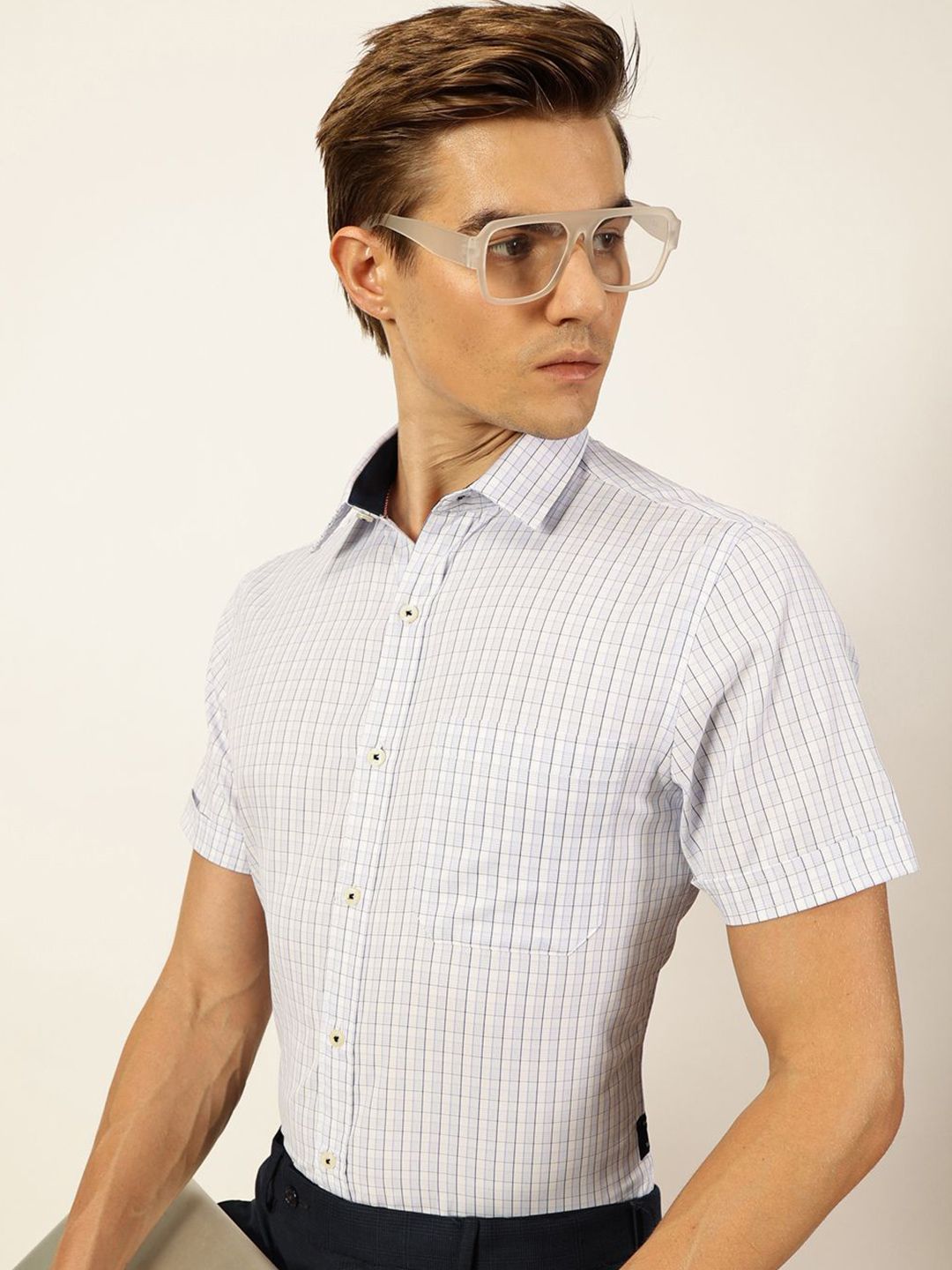 Thomas Scott Men Smart Spread Collar Gingham Checked Cotton Formal Shirt