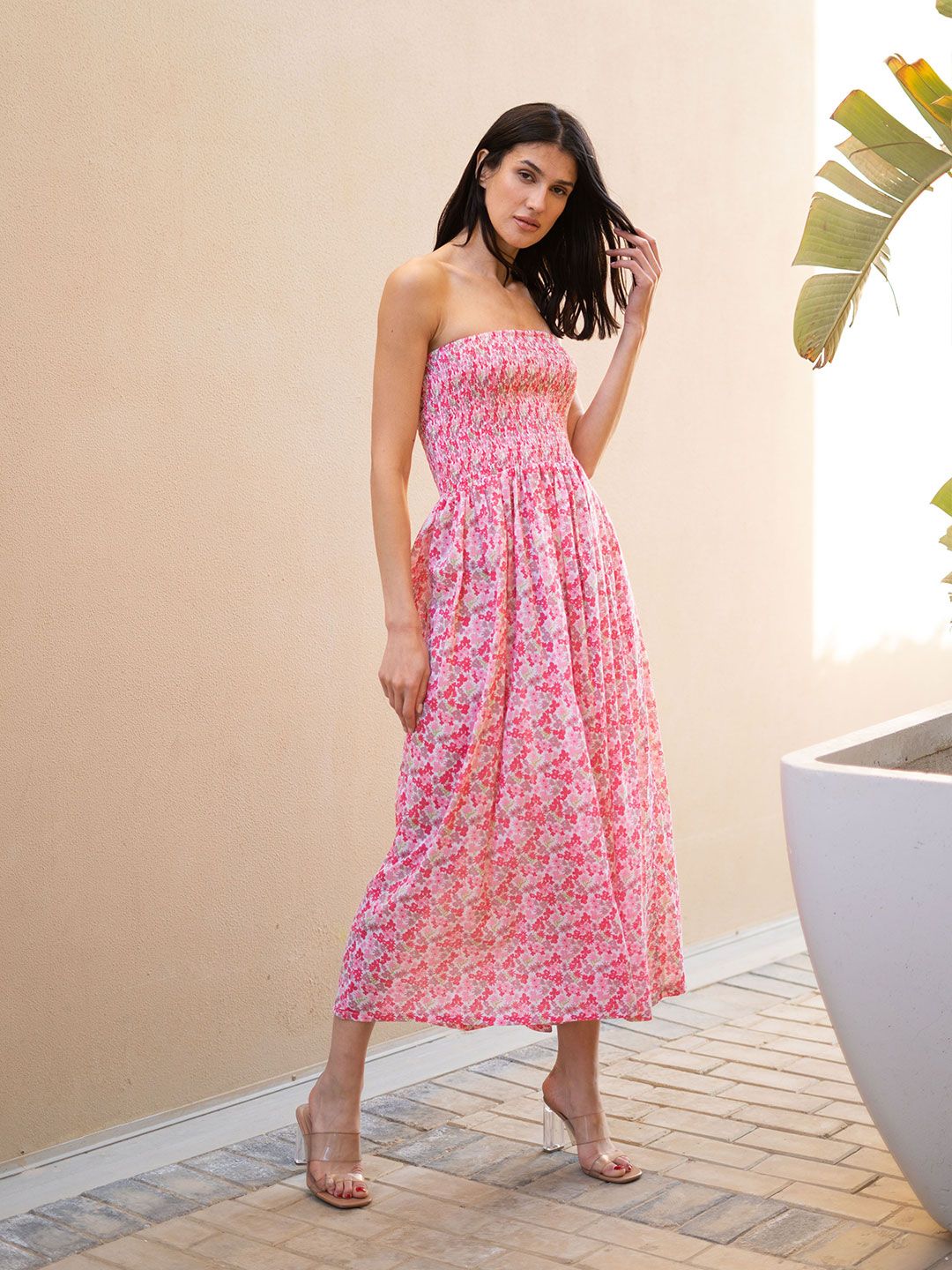 Sanskrutihomes Pakaian Midi Bandi Midi Strapless Bercetak Floral