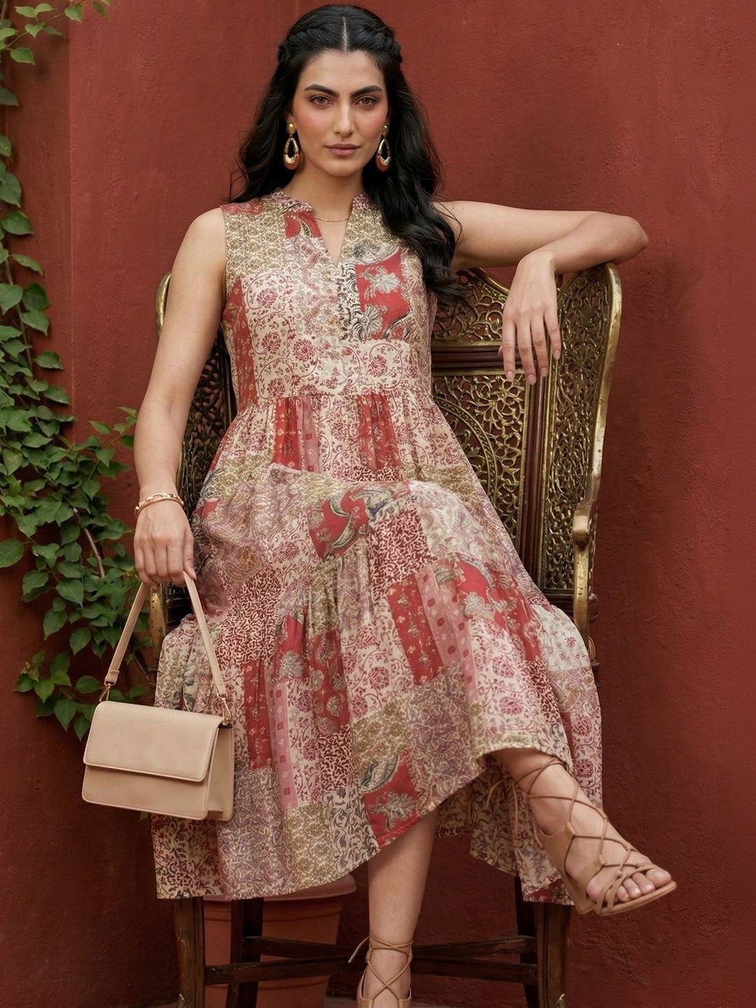 Mamicha Ethnic Motifs Printed Sleeveless Crepe Fit And Flare Midi Dress