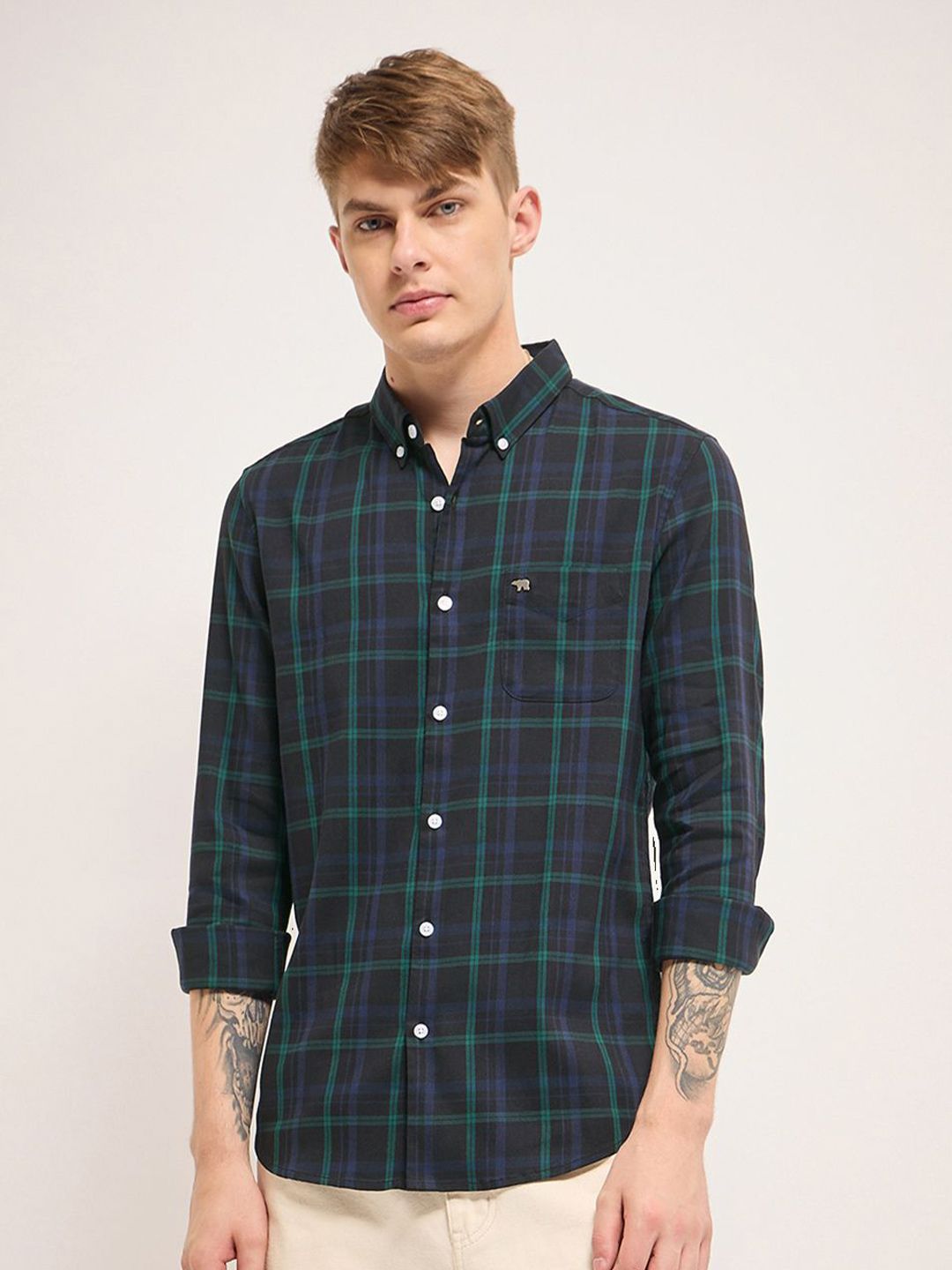 THE BEAR HOUSE Men Cotton Checked Slim Fit Casual Shirt