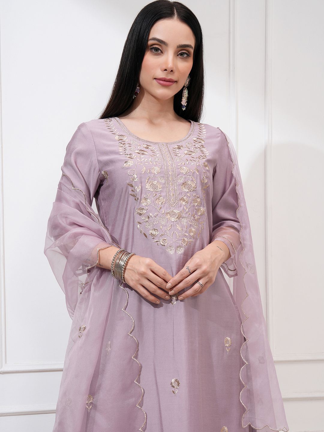 Vishudh Women Embroidered New Roman Kurta with Bottom and Nylon Organza Dupatta