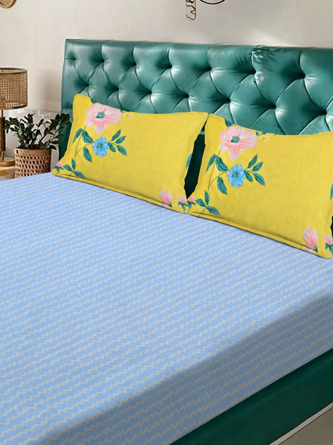 KLOTTHE Blue Striped Printed Fitted 300 TC King Fine Bedsheet With 2 Pillow Covers